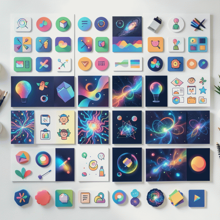 Grid of consistent and diverse AI-generated visual assets demonstrating visual consistency for content creation.