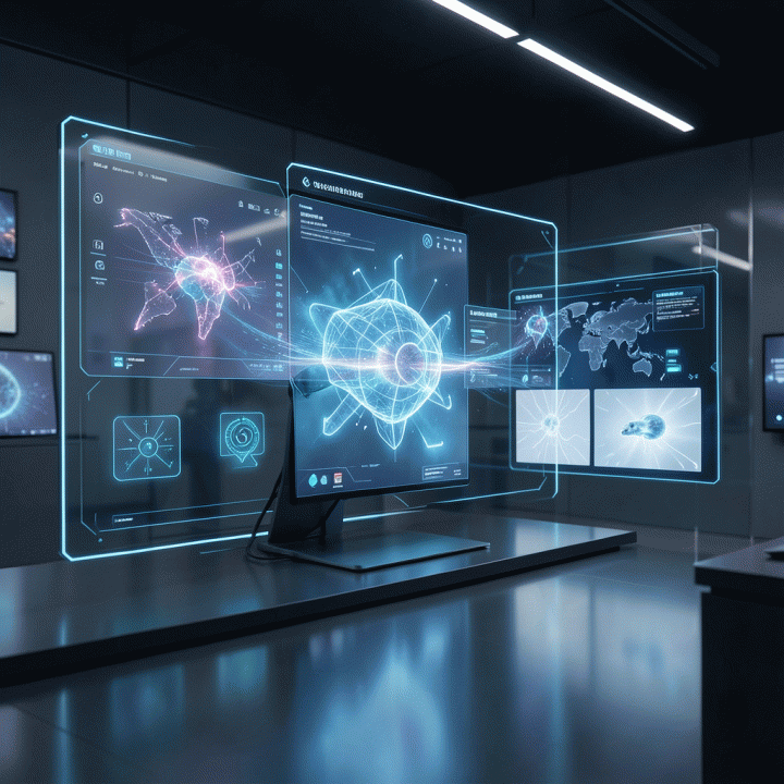Visual representation of an AI generating consistent, high-quality visual assets in a modern workspace.