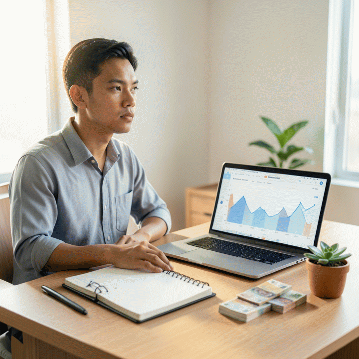 Seorang profesional muda Indonesia sedang duduk di meja kerja yang rapi, merencanakan anggaran pribadi menggunakan planner fisik dan laptop dengan tampilan dashboard keuangan yang abstrak.
