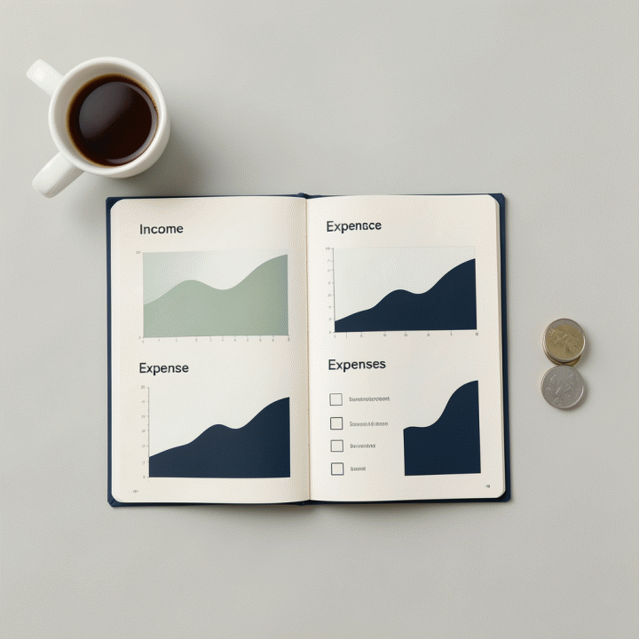 Tampilan atas (flat lay) dari template perencanaan anggaran yang rapi, menunjukkan alokasi dana masuk dan keluar.