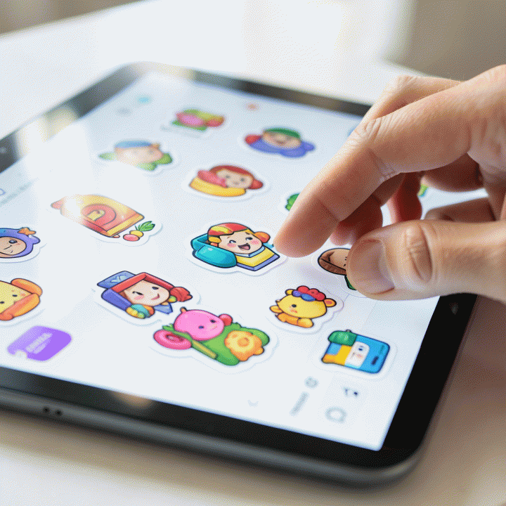 Hand placing digital sticker assets onto a social media design layout on a tablet.