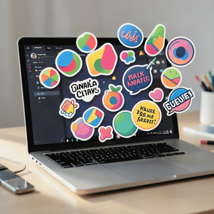 Digital sticker pack assets floating around a modern design workspace on a laptop screen, emphasizing creative design and visual enhancement.