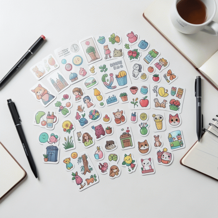 Flat lay of organized digital sticker packs on a desk with design tools.