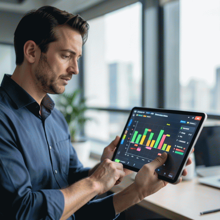 Project manager reviewing a digital dashboard showing project progress and budget status.