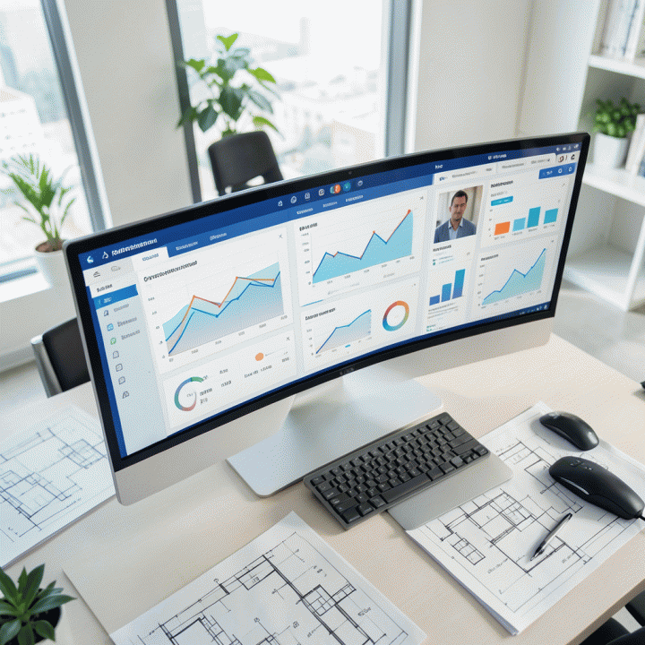 Dashboard digital menampilkan kontrol anggaran dan progres proyek konstruksi secara real-time, melambangkan manajemen proyek yang sukses.