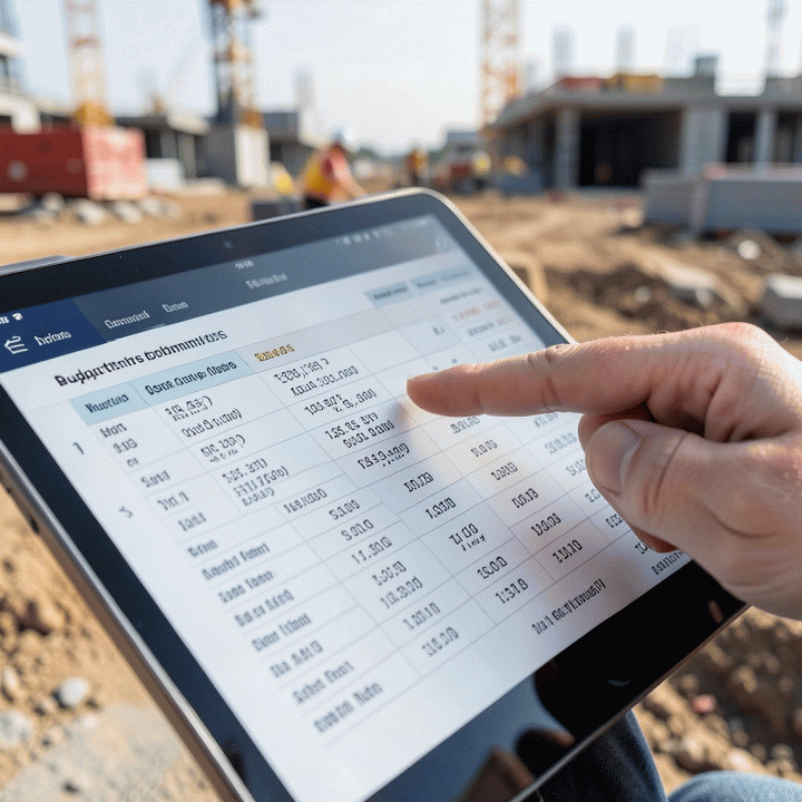 Tangan menunjuk detail estimasi biaya dan rumus anggaran pada tablet untuk perencanaan keuangan proyek.