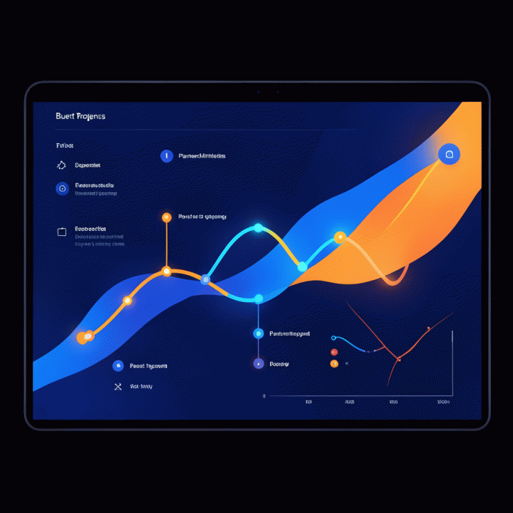 Visualisasi abstrak timeline dan pelacakan anggaran proyek digital yang dinamis.