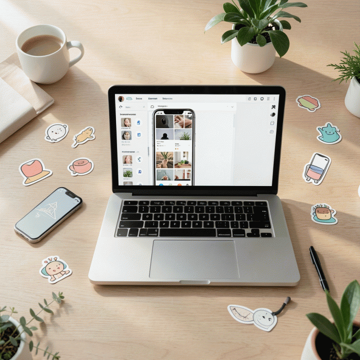 Flat lay of an aesthetic Instagram feed design featuring digital stickers and decorative elements on a wooden desk.