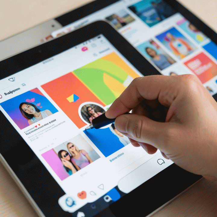 Hand placing a digital sticker onto an aesthetic Instagram feed layout on a tablet.