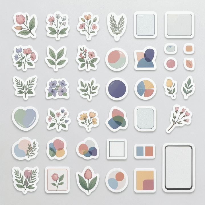 Collection of diverse digital sticker assets in a minimalist and aesthetic style.