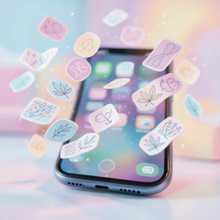 Ilustrasi digital stiker dan aset grafis yang bertebaran secara artistik di sekitar layar smartphone, melambangkan kekayaan sumber daya visual.