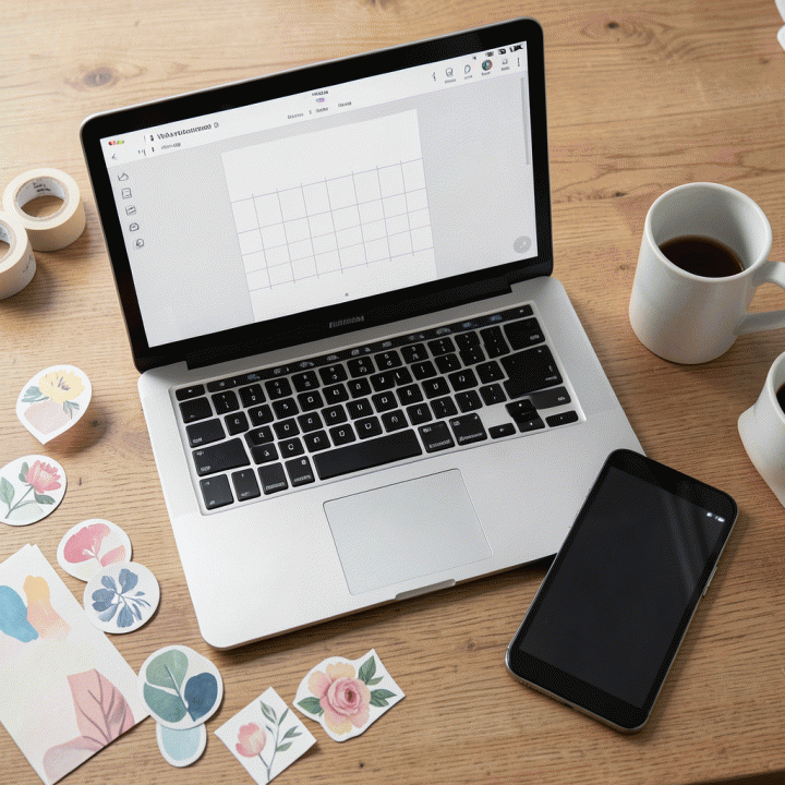 Flat lay workspace dengan laptop, tablet, dan mockup stiker digital yang menunjukkan proses desain konten estetik.