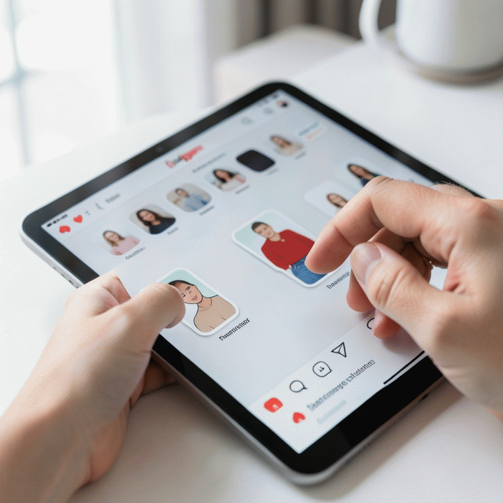 Tangan menempatkan aset stiker digital ke dalam tata letak feed Instagram mockup di layar tablet.