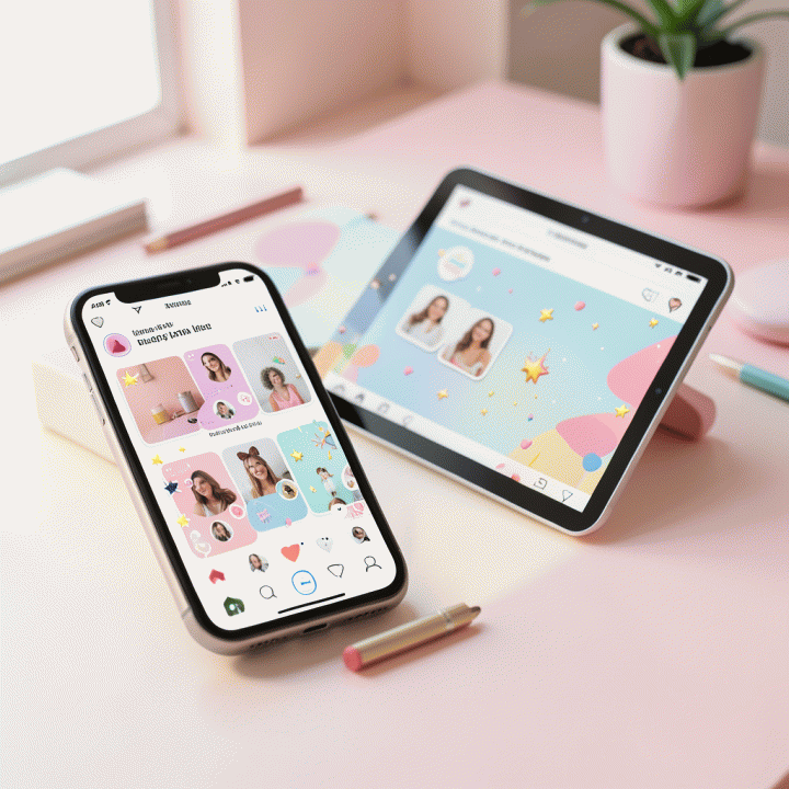 Tampilan estetis dari perangkat mobile yang menampilkan desain feed Instagram dengan elemen stiker digital.