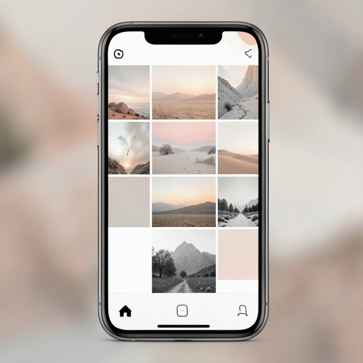 Mockup feed Instagram estetik dengan tata letak grid yang sangat rapi, menunjukkan konsistensi warna dan tema visual yang profesional di layar smartphone.