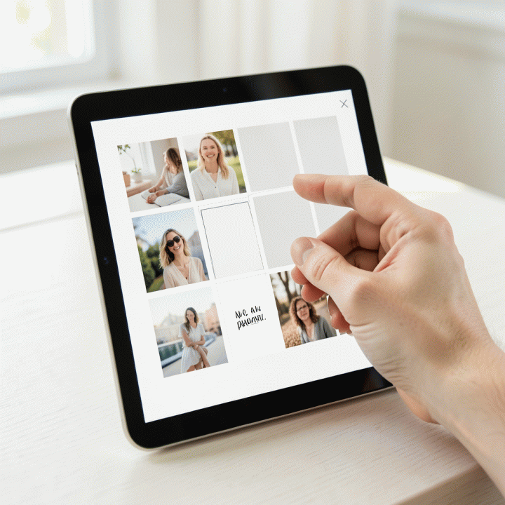 Tangan sedang merencanakan tata letak grid Instagram di tablet, menunjukkan proses penyelarasan visual konten.