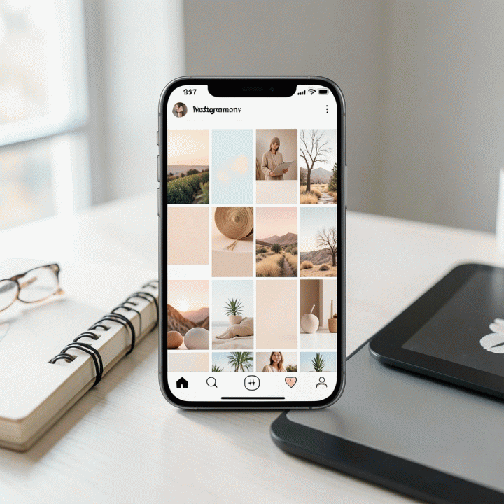 Tampilan feed Instagram yang estetik dan terkoordinasi pada smartphone, menampilkan tema visual yang konsisten di latar meja kerja yang cerah.