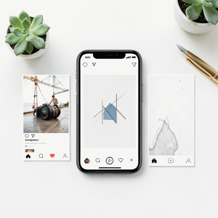 Tata letak feed Instagram yang sedang dibuat, menampilkan kombinasi konten foto dan grafis yang terpadu secara estetik.