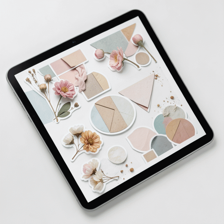 Perkumpulan aset stiker digital estetika premium yang ditampilkan pada layar tablet, siap digunakan untuk mendekorasi konten.