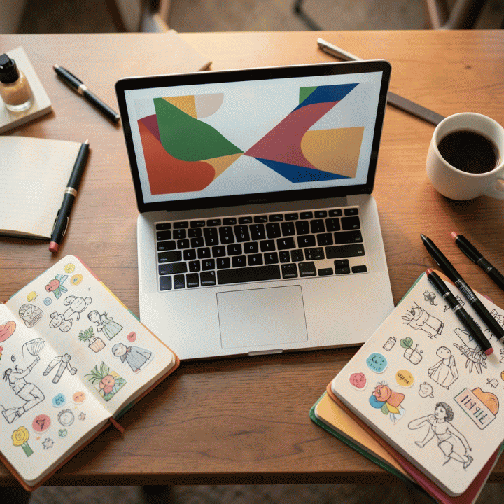 Pandangan atas meja kerja yang estetik dan rapi dengan peralatan desain grafis seperti buku sketsa, stiker, pensil warna, dan laptop terbuka, menunjukkan proses kreatif merencanakan konten Instagram yang menarik.