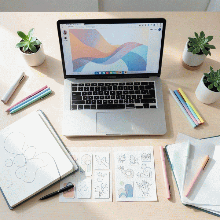 Komposisi flat lay meja kerja yang berisi alat-alat kreatif dan stiker sebagai persiapan menata estetika konten Instagram.