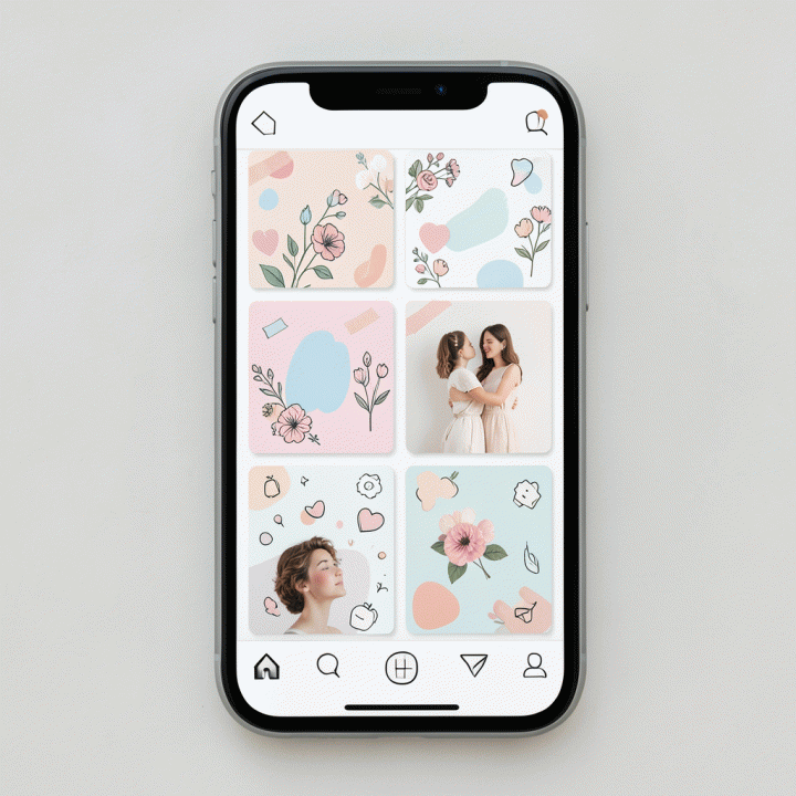 Mockup tampilan feed Instagram yang estetik dan kohesif menggunakan berbagai stiker digital premium dan elemen dekoratif berwarna pastel, menunjukkan panduan menata visual media sosial secara profesional.