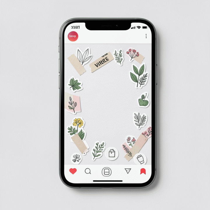 Close-up pada mockup postingan Instagram yang memperlihatkan detail dan keragaman stiker digital premium sebagai aset dekorasi konten.