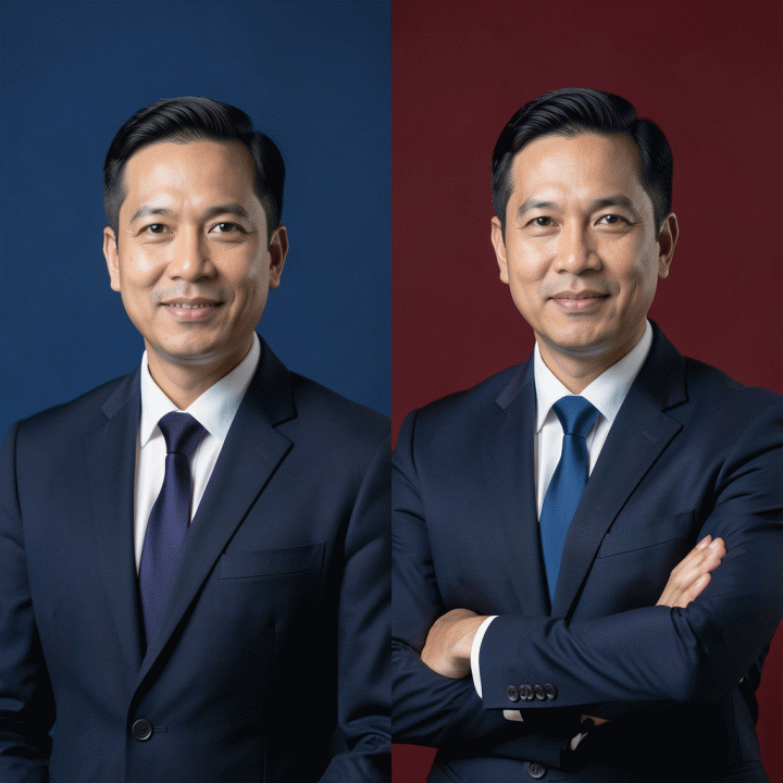 Perbandingan foto profesional dengan latar belakang biru dan merah yang sesuai standar dokumen resmi.