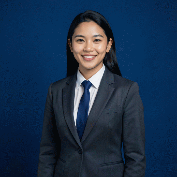 Foto profesional seorang profesional Indonesia di latar belakang biru solid, menunjukkan kesiapan dan kepercayaan diri untuk keperluan CV atau dokumen resmi.