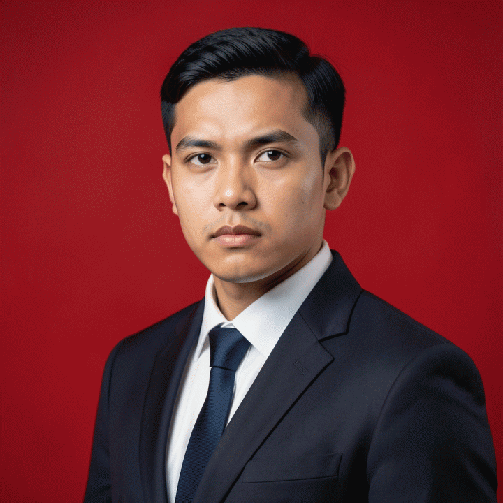 Contoh foto CV profesional dengan latar belakang merah yang solid dan seragam.