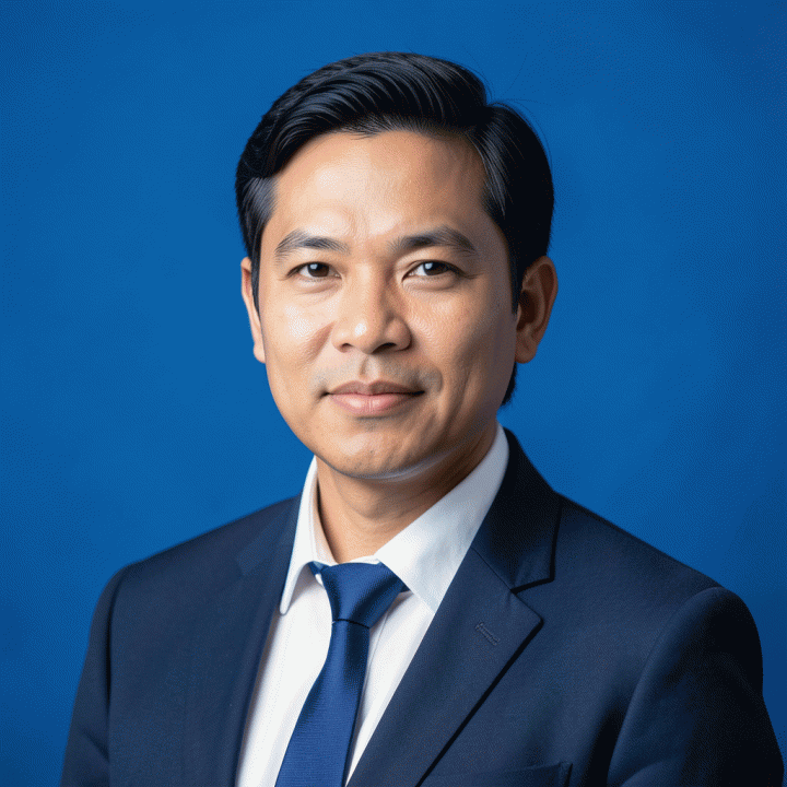 Foto close-up headshot profesional Indonesia di latar belakang biru korporat, menunjukkan ekspresi percaya diri.