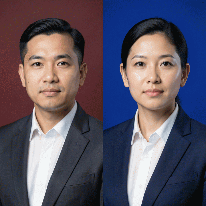 Perbandingan visual dua foto profil profesional (CV/LinkedIn) dengan latar belakang merah dan biru, menunjukkan standar formal.