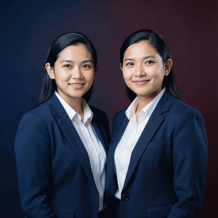 Foto studio profesional sinematik dari pasangan muda profesional Indonesia mengenakan pakaian bisnis formal, berlatar belakang biru atau merah marun solid, menyerupai foto CV atau profil LinkedIn yang berkualitas tinggi.