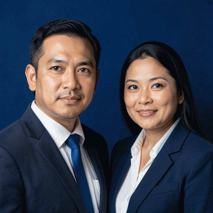 Contoh foto CV profesional dengan latar belakang biru solid yang menunjukkan pasangan profesional Indonesia yang percaya diri.