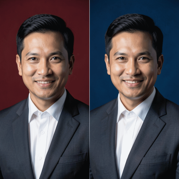 Perbandingan foto profil profesional dengan latar belakang merah dan biru untuk keperluan dokumen resmi.