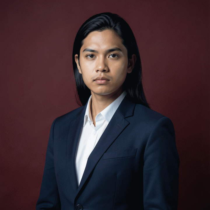 Foto profil profesional Indonesia dengan latar belakang warna merah atau biru solid, bergaya studio formal.