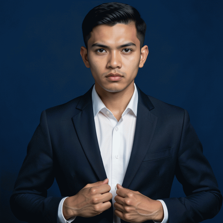 Seseorang berpose profesional di depan latar belakang biru solid untuk foto dokumen resmi.