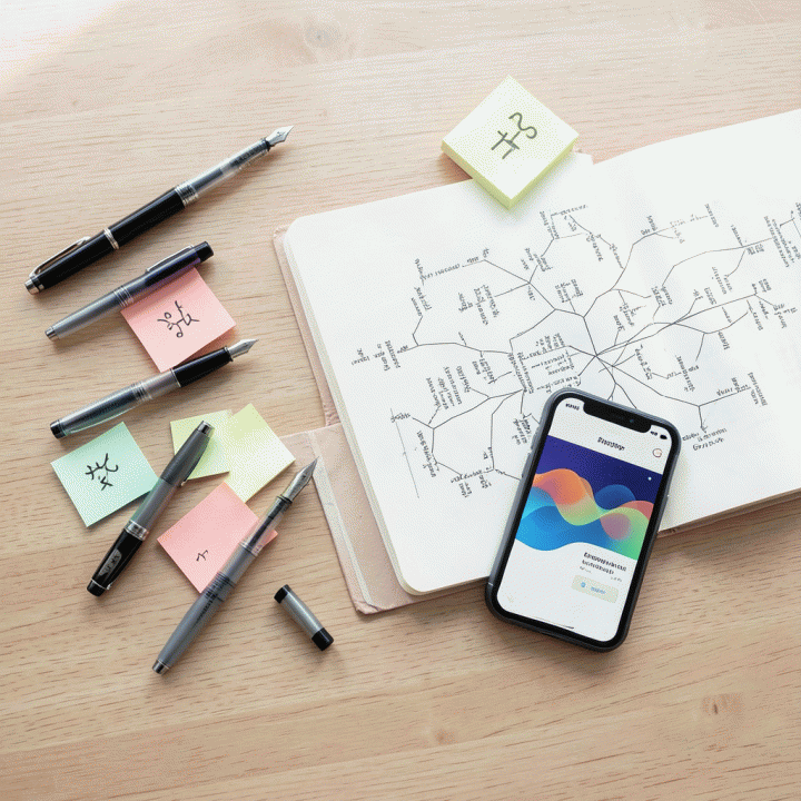 Komposisi flat lay alat-alat copywriting seperti pena, catatan tempel, dan buku sketsa yang terinspirasi ide.