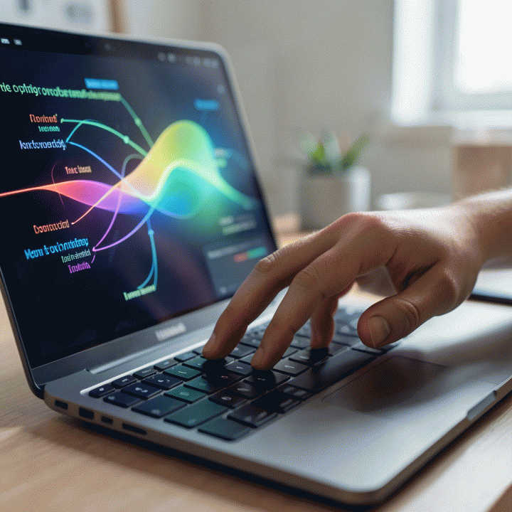 Tangan di atas laptop yang menampilkan visualisasi abstrak dari ide-ide hook dan headline yang menarik.