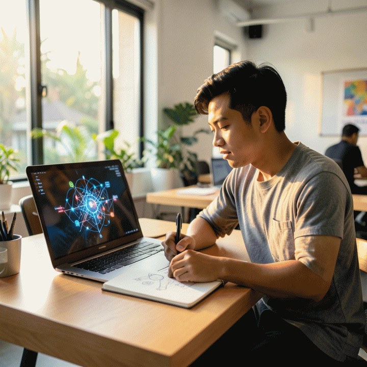 Seorang content creator muda di ruang kerja modern yang sedang bersemangat merencanakan ide konten viral di laptop dan buku catatan, dikelilingi oleh visualisasi tren digital yang menarik.