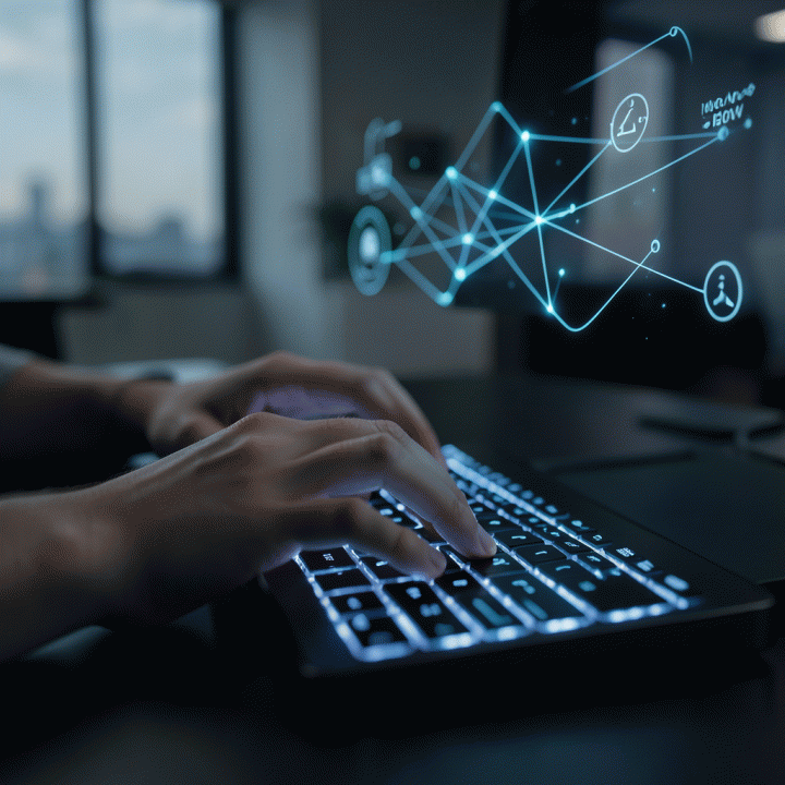Tangan mengetik cepat di keyboard modern, dengan proyeksi antarmuka AI abstrak yang menunjukkan aliran ide.