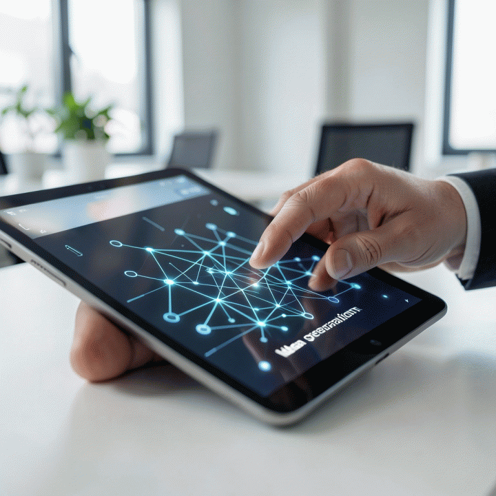 Tangan yang berinteraksi dengan tablet yang menampilkan visualisasi ide dan koneksi data, melambangkan penggunaan AI untuk membuat hook konten.