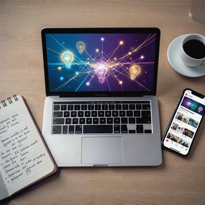 Komposisi flat lay modern yang menunjukkan alat-alat kreatif (laptop, notebook, smartphone) di atas meja, melambangkan proses menemukan ide konten yang menarik dan viral.