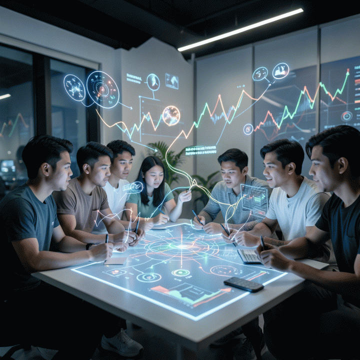 Grup content creator Indonesia yang bersemangat berkolaborasi di depan papan tulis digital futuristik untuk merancang strategi konten viral.