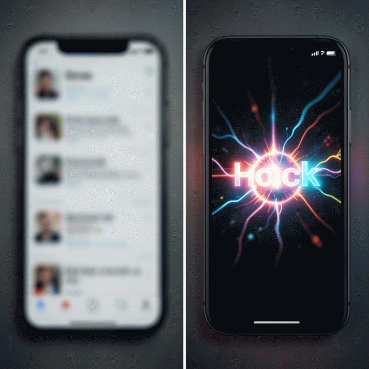 Perbandingan visual antara feed konten yang membosankan (blur) dan konten viral yang menarik perhatian (vibrant), menonjolkan kekuatan hook.