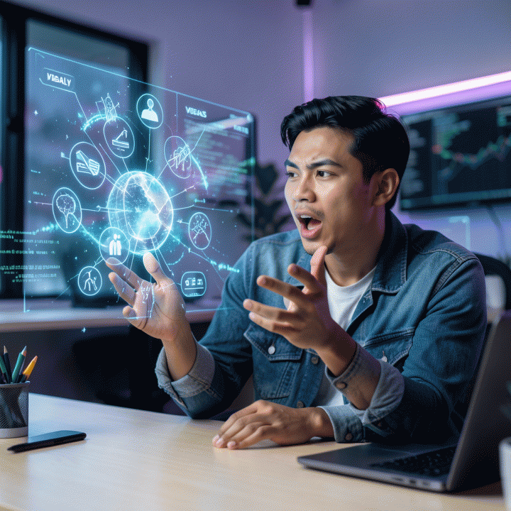Seorang content creator Indonesia yang bersemangat di meja kerjanya, berinteraksi dengan antarmuka holografik abstrak yang melambangkan ide viral dan kreativitas konten.