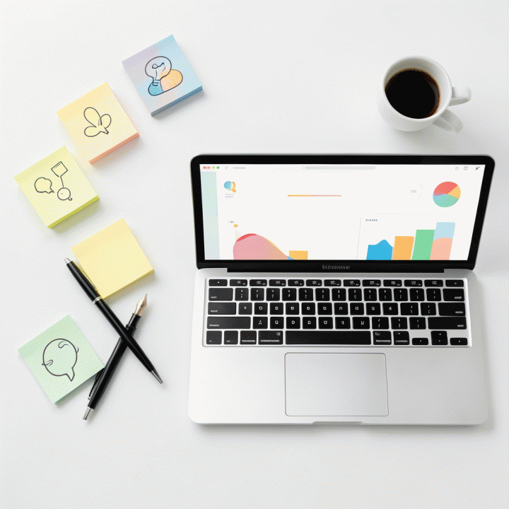 Susunan alat brainstorming yang artistik dan terinspirasi, seperti sticky notes dan laptop, melambangkan proses perencanaan ide konten yang matang.