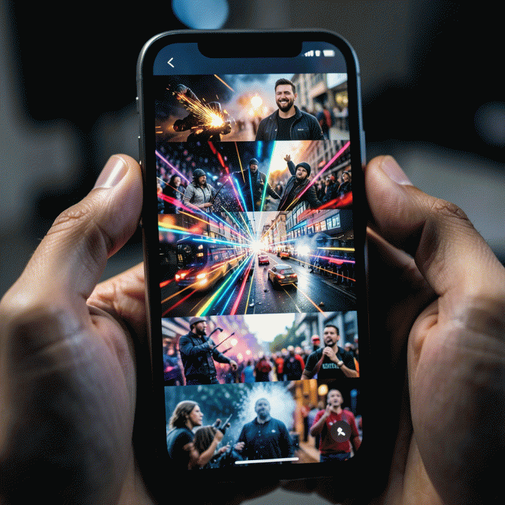 Close-up pada layar ponsel yang menampilkan visualisasi cepat dan menarik dari sebuah &lsquo;hook&rsquo; video yang viral, menekankan perhatian dan tren.