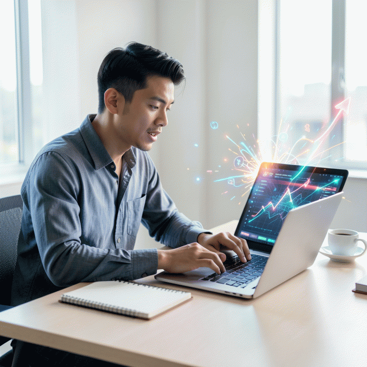 Content creator yang produktif dan energik menggunakan laptop di meja kerja minimalis, dikelilingi oleh visualisasi abstrak ide viral dan bantuan AI, menunjukkan proses pembuatan konten yang menarik.