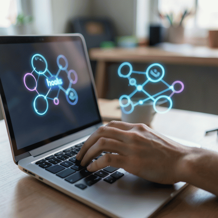 Tangan sedang mengetik di laptop, menampilkan visualisasi abstrak dari ide-ide &lsquo;hook&rsquo; konten viral yang sedang dihasilkan oleh AI.